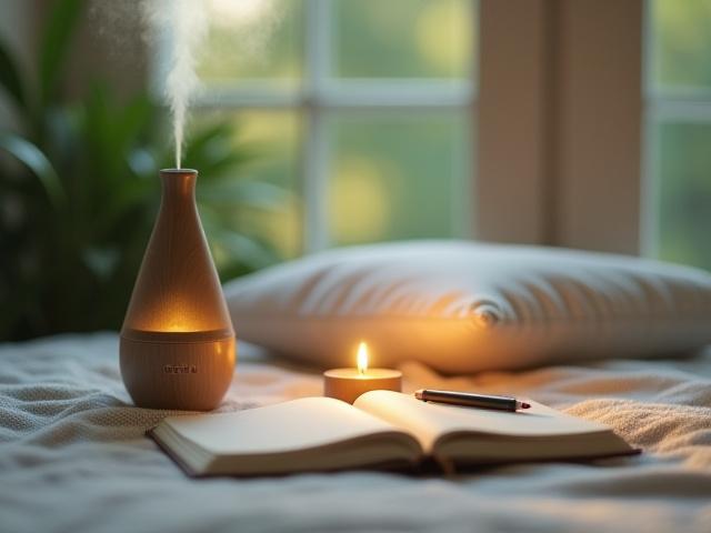 An essential oil diffuser, a meditation cushion, and a journal creating a calm space
