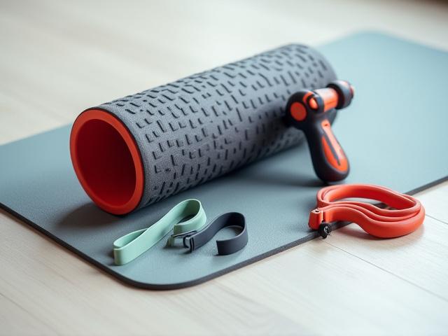 A foam roller, resistance bands, and a massage gun arranged for a workout recovery session