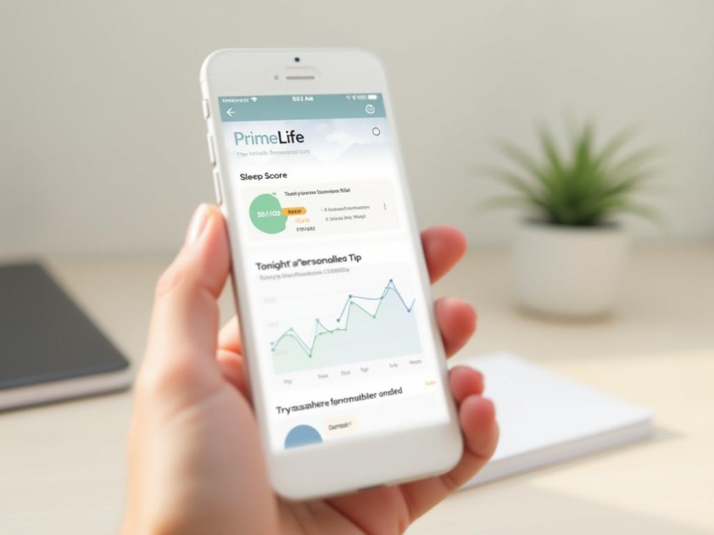 A clean, intuitive mobile dashboard displaying a Prime Life user's sleep data. Key features include a 'Sleep Score' of 85/100, a detailed graph showing sleep stages (Deep, Light, REM) over time, and immediately actionable personalized tips at the bottom like optimizing room temperature or adjusting evening meditation.